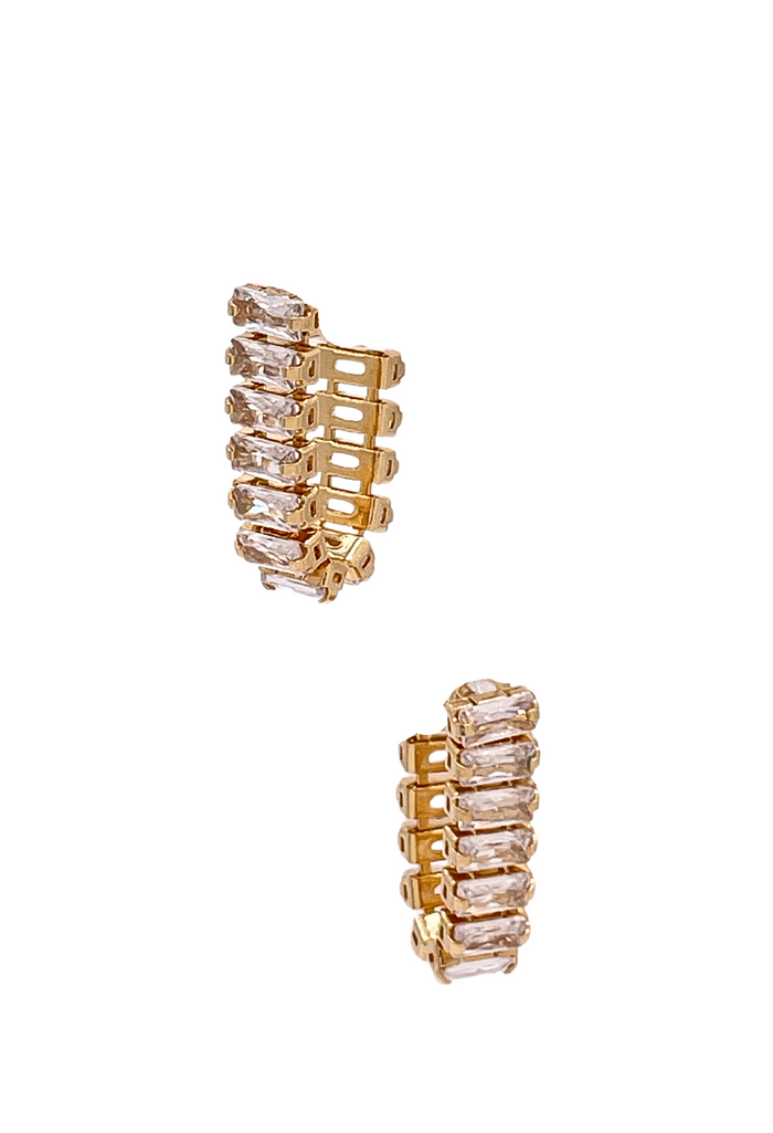 18k gold huggie earrings with baguette cubic zirconia stones, showcasing timeless elegance and comfort in style.