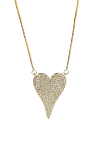 Elongated heart-shaped pendant adorned with sparkling cubic zirconia crystals, hanging from a delicate 18k gold-filled chain by Dylan Rae Jewelry.