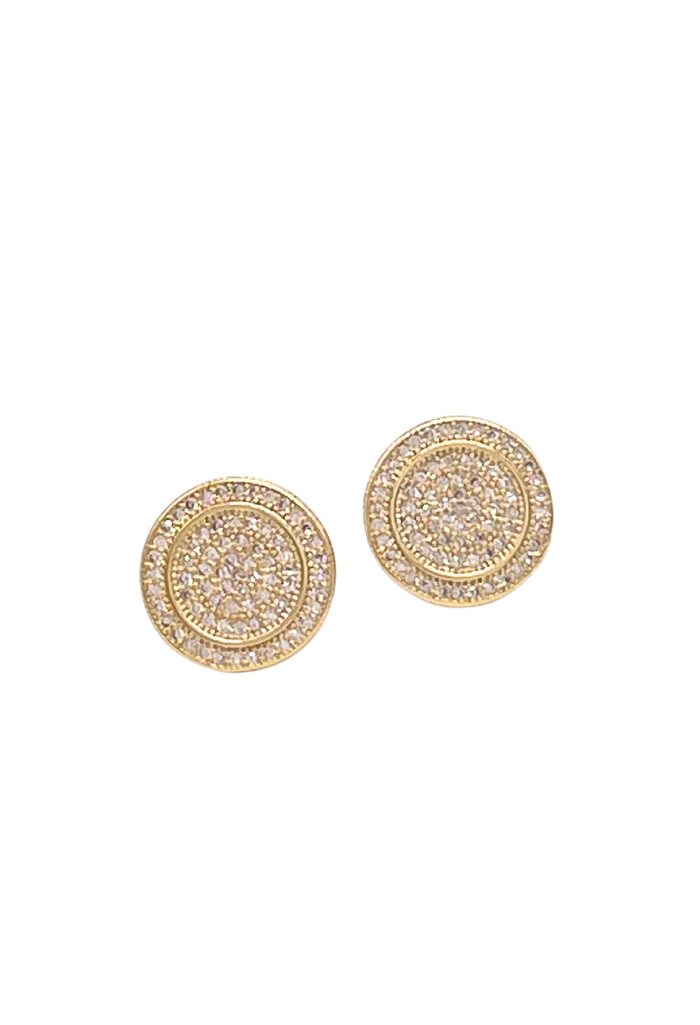 Gold disc stud earrings with sparkling cubic zirconia pave design, versatile for any occasion.