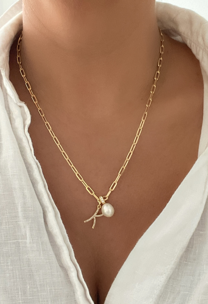 CZ Initial and Pearl Drop Necklace
