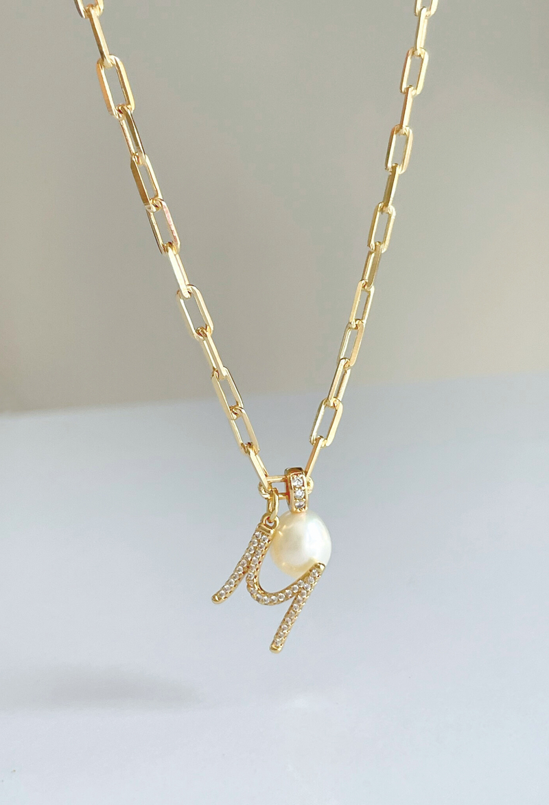 CZ Initial and Pearl Drop Necklace