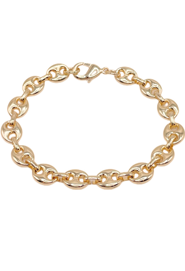 Gold Mariner Link Gold-Filled Bracelet by Dylan Rae Jewelry - 8mm diameter, lobster clasp closure - Timeless sophistication for women's fashion.