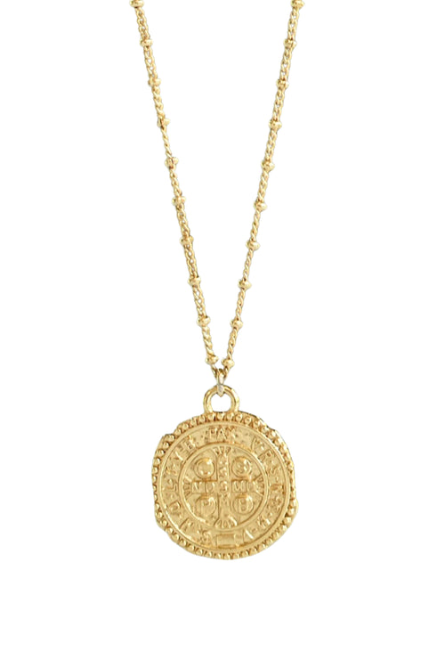 Designed to feel like a found vintage treasure, this 18k gold filled Saint Benedict coin hangs from a double satellite chain, making it the perfect dainty gold pendant for everyday wear and effortless layering.