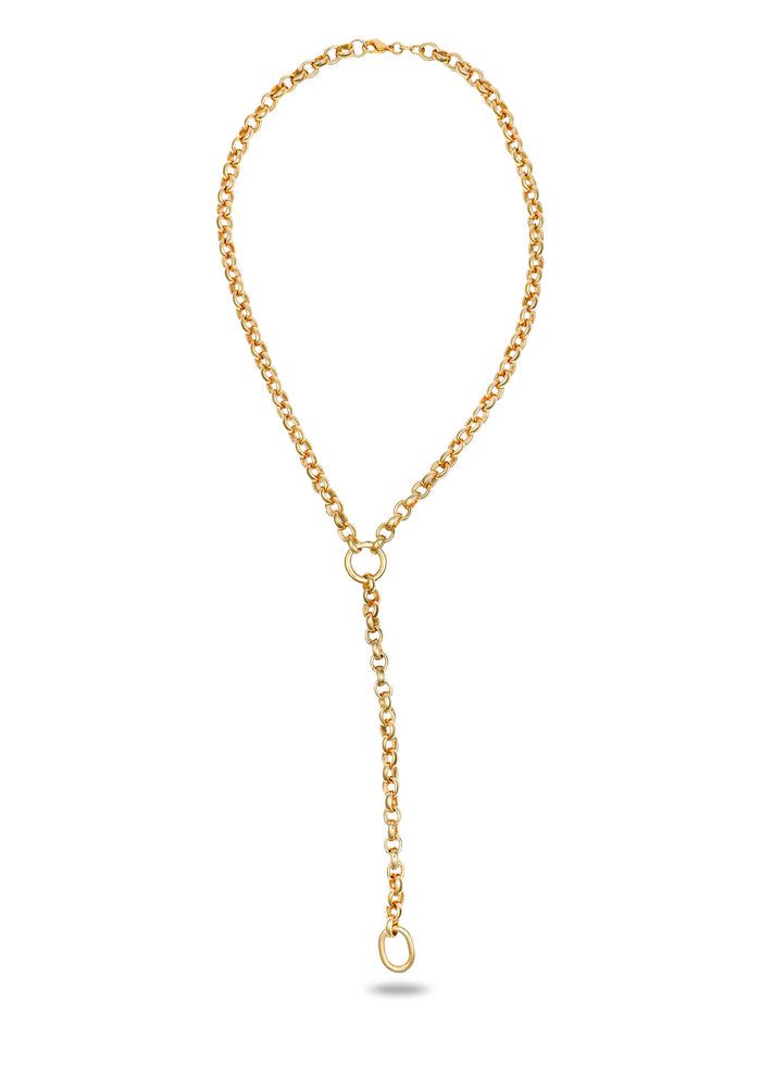 18K Gold Filled Statement Rolo Drop Lariat Chain with substantial weight, perfect for summer outfits, shown in close-up.