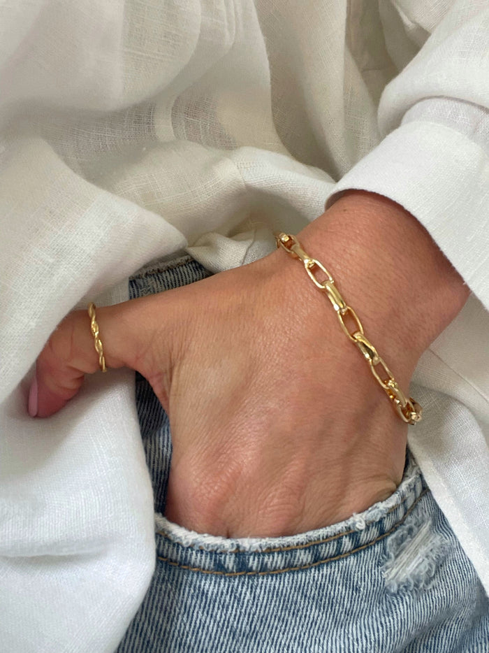 Gold-Filled Flat Link Paperclip Bracelet by Dylan Rae Jewelry - 5mm width links, lobster clasp closure - Modern, versatile accessory for women's fashion.