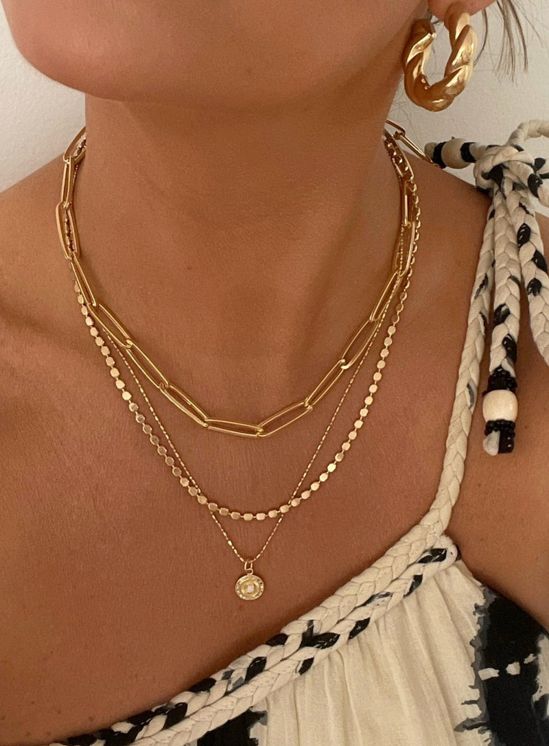 Tulum Chain necklace by Dylan Rae Jewelry, featuring sleek flat disc ball design in shimmering 18k gold filled. 