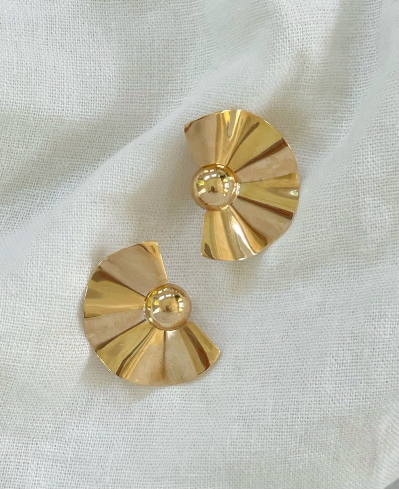 18k gold-filled Bali fanned stud earrings with intricate texture detail, perfect for vacation or everyday wear.
