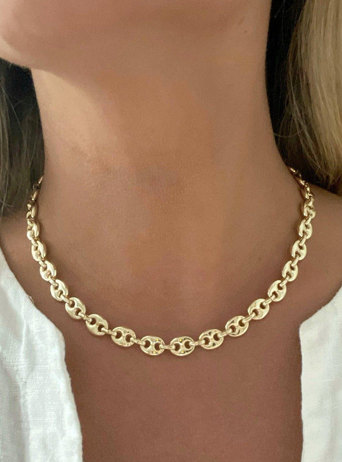 Gold Puffed Mariner Chain Necklace by Dylan Rae Jewelry, showcasing its timeless elegance and versatility