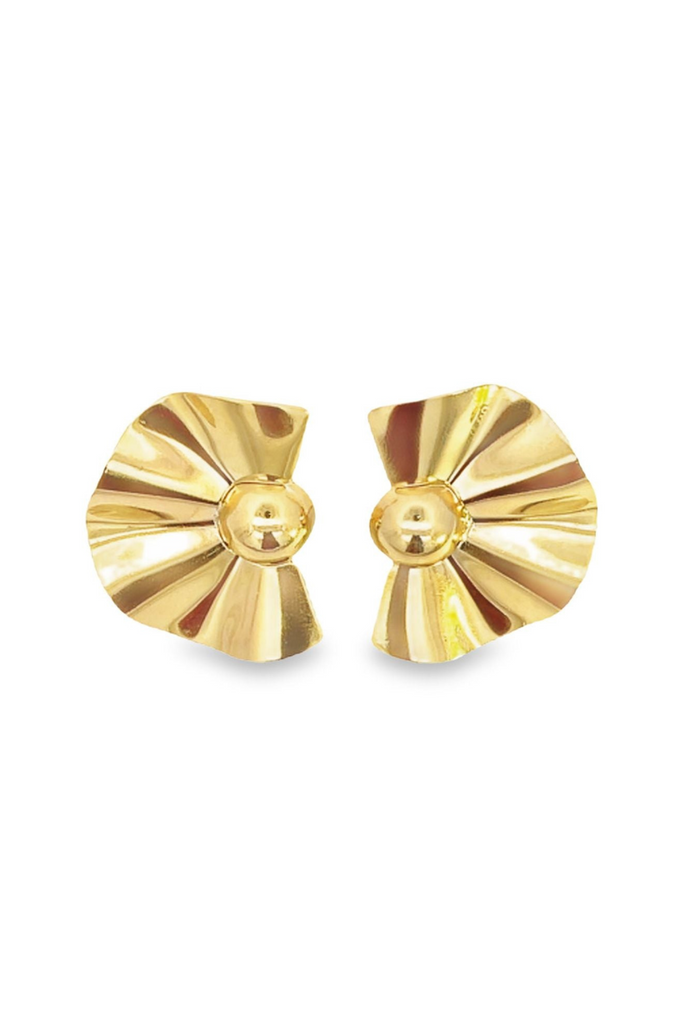 18k gold-filled Bali fanned stud earrings with intricate texture detail, perfect for vacation or everyday wear.
