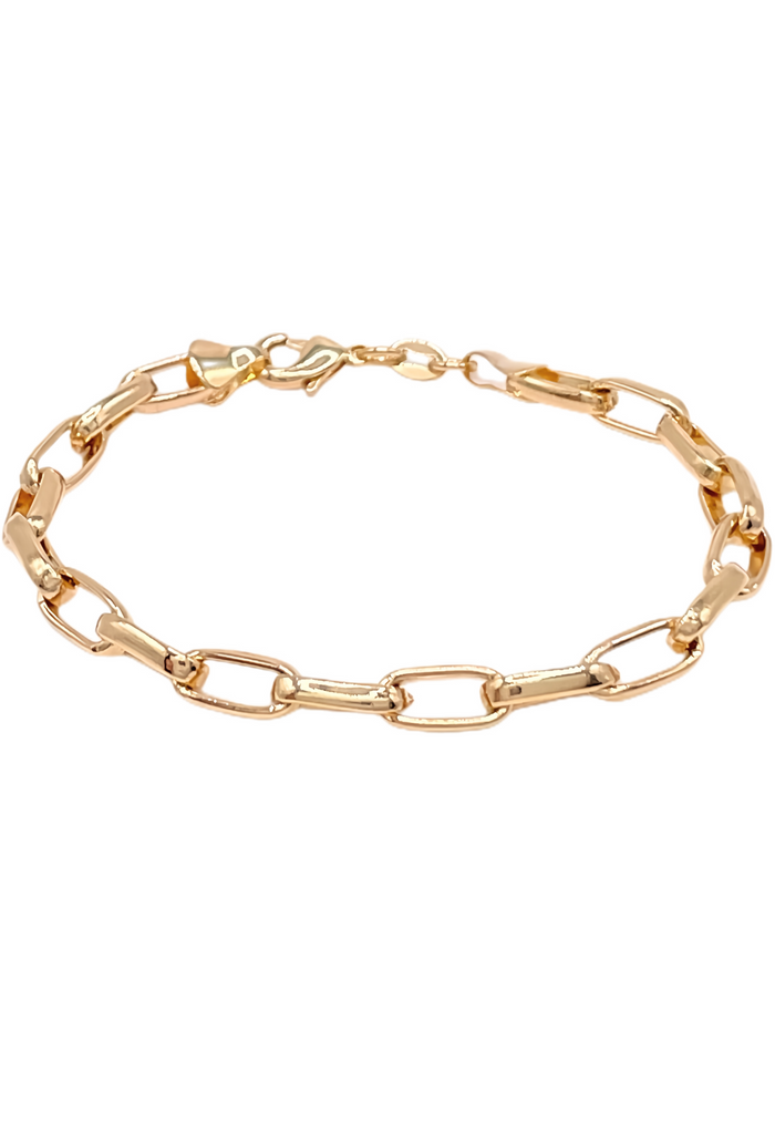 Gold-Filled Flat Link Paperclip Bracelet by Dylan Rae Jewelry - 5mm width links, lobster clasp closure - Modern, versatile accessory for women's fashion.