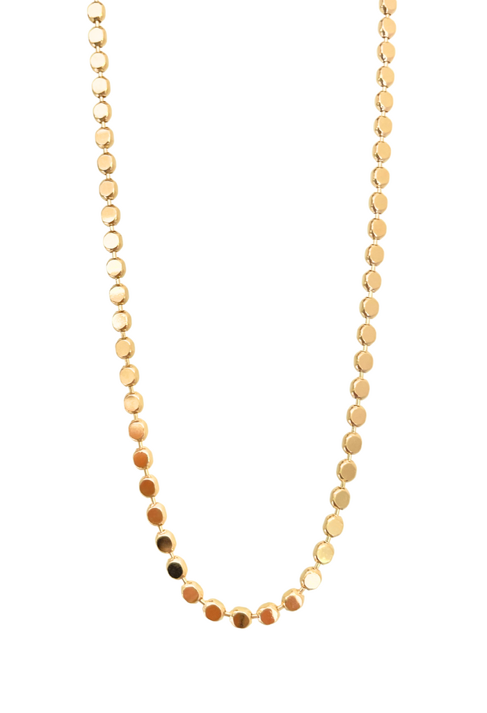 Tulum Chain necklace by Dylan Rae Jewelry, featuring sleek flat disc ball design in shimmering 18k gold filled.