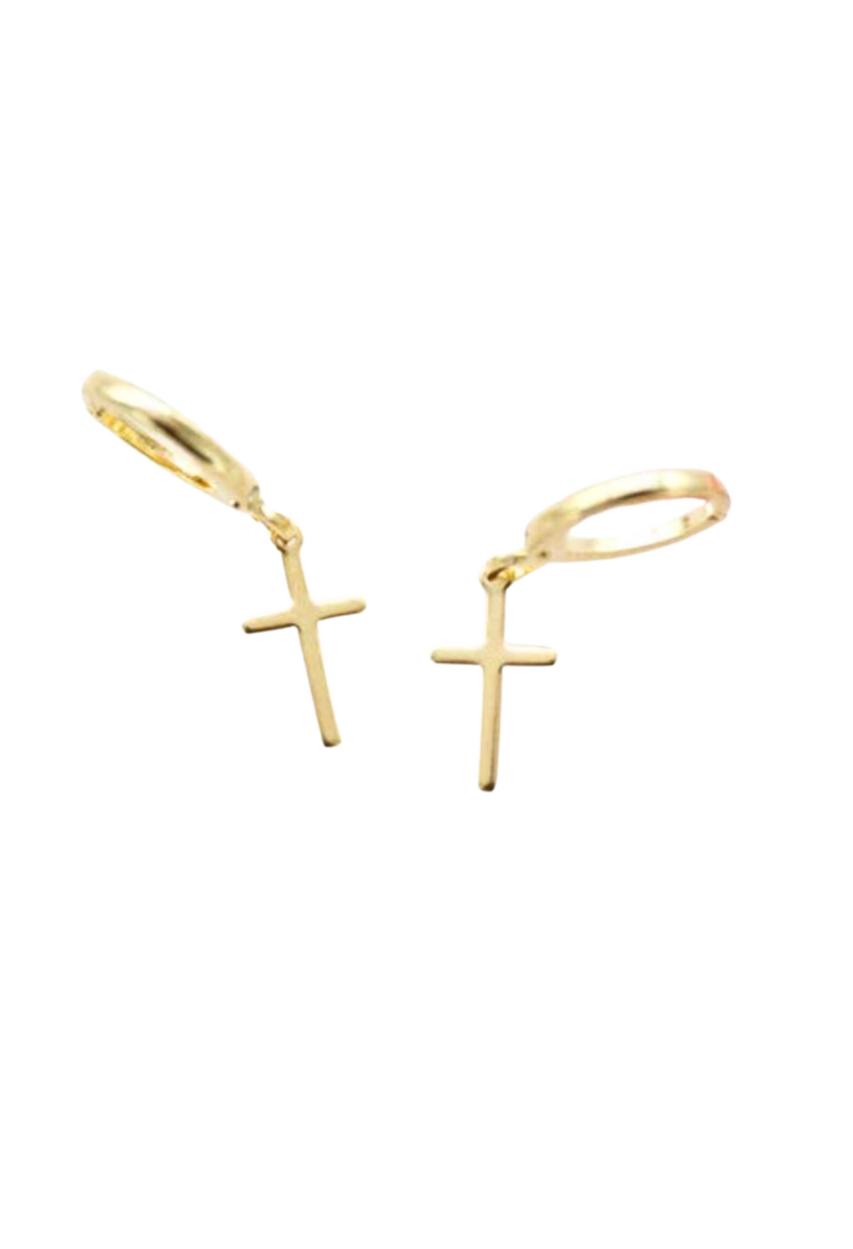 Image: Dainty gold cross huggie earrings, perfect for adding a touch of elegance to any ensemble.