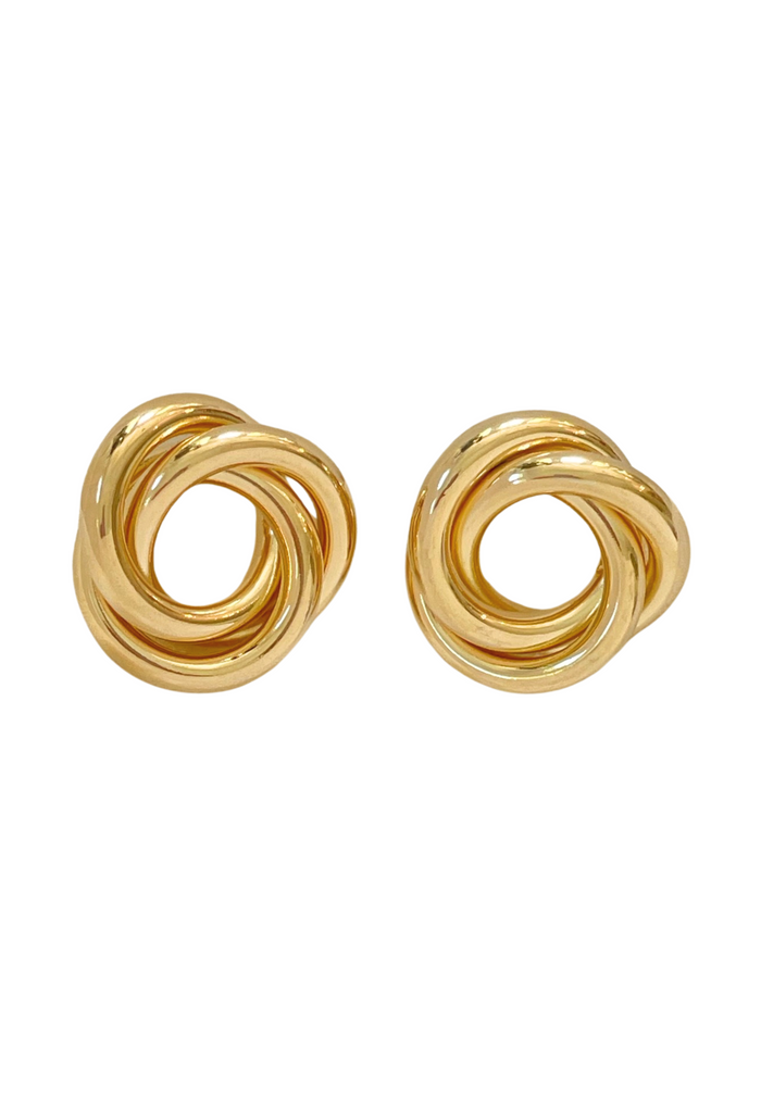 Gold twisted knot stud earrings on white background, symbolizing timeless elegance and self-love.