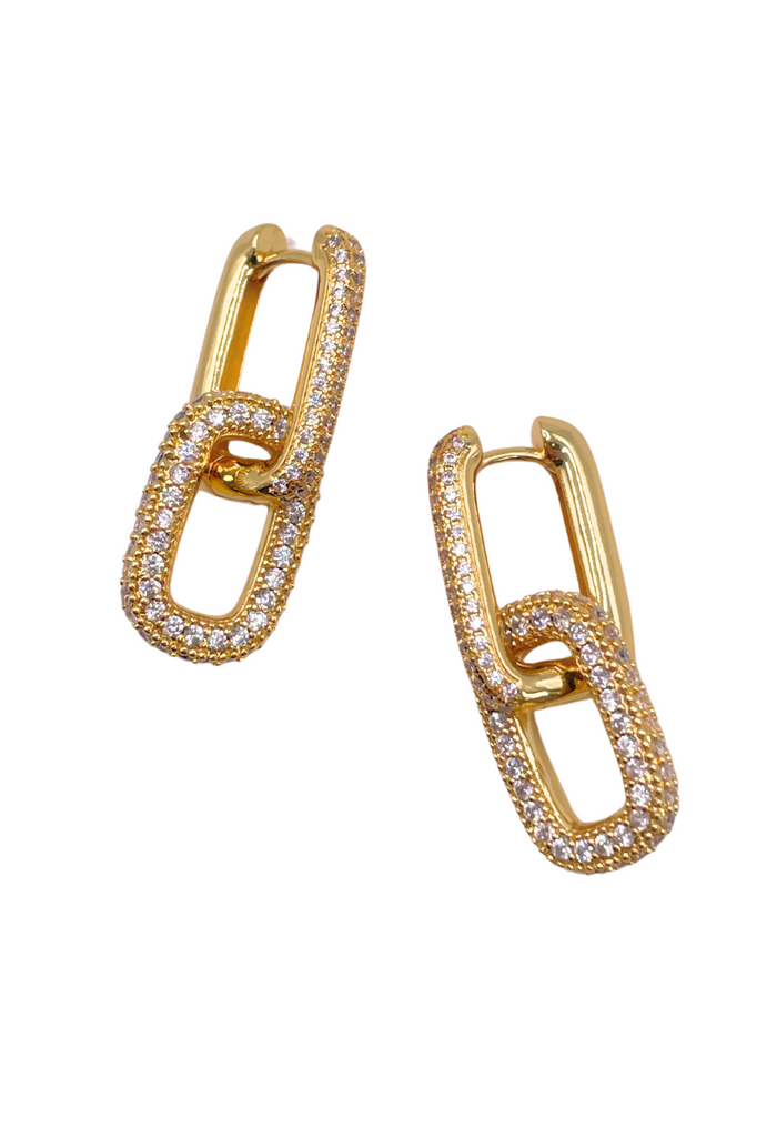 Square link earrings in 18k gold with pave cubic zirconia stones, showcasing versatile elegance. 