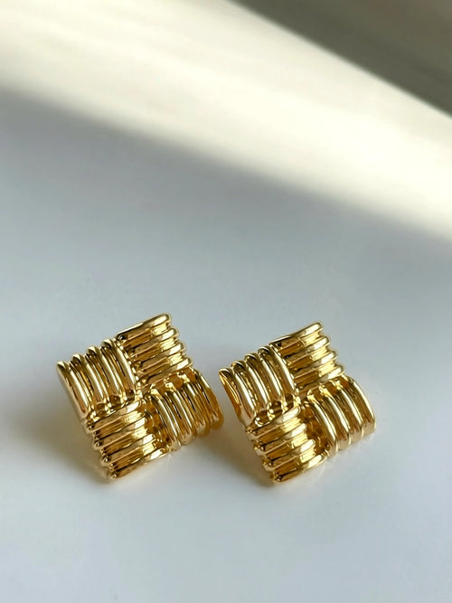 Gold Stud Earrings Women Gift Birthday Present Square Geometric Jewelry Design Textured Basketweave Pattern Post Back Secure Fit Hypoallergenic Nickel Free Lead Free Everyday Wear Minimalist Style 18k Gold Filled Over Brass Base Modern