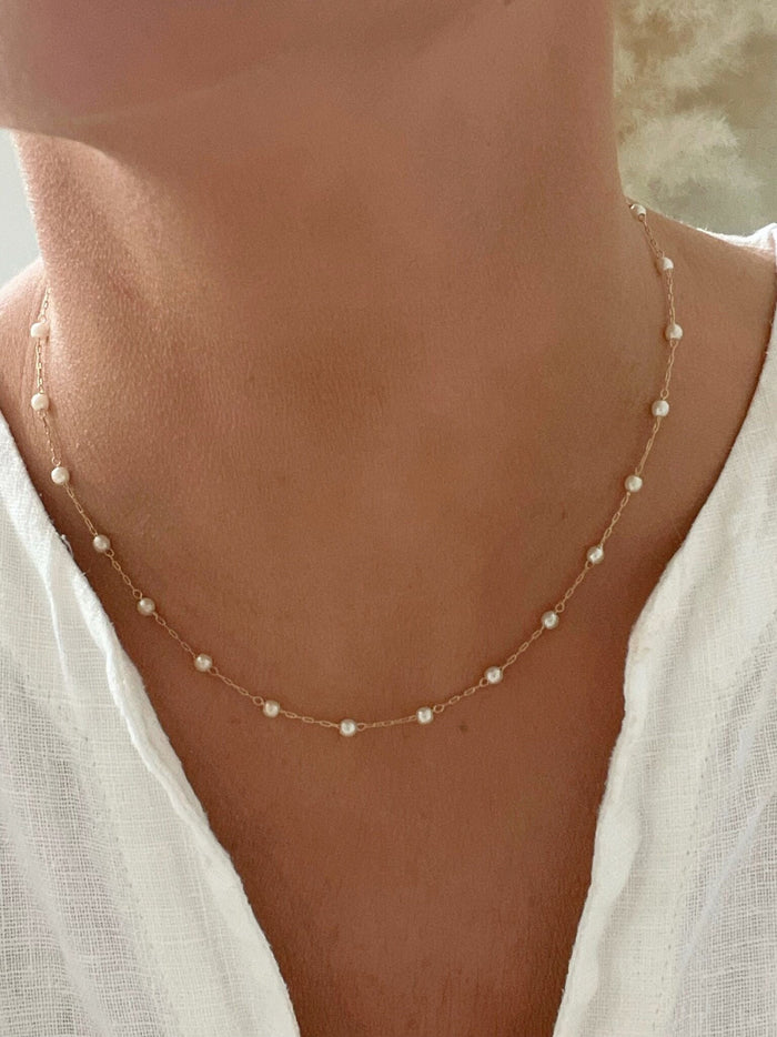 Dainty Pearl Necklace Gold Filled Bridesmaid Gift Jewelry Wedding Party Accessories Delicate Chain Design Minimalist Pearl Style Floating Pearl Beads Elegant Bridal Jewelry Collection Simple Feminine Necklace Everyday Layering Piece Premium