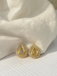 Sparkly Bridal Earrings Gold Filled Wedding Studs Crystal Teardrop Design Elegant Ceremony Jewelry Rhinestone Wavy Border CZ Stone Dimensional Shape Perfect Bride Bridesmaid Gift Beautiful Wedding Party Accessories Secure Push Back Closure