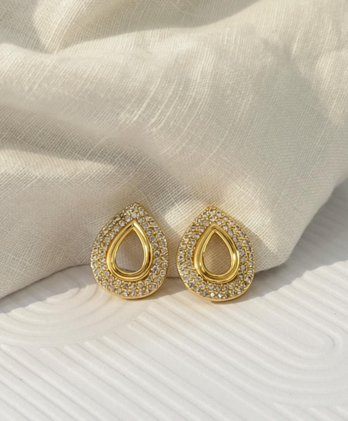Gold Filled Crystal Earrings Bridal Stud Design Wedding Jewelry Set Dimensional Teardrop Shape Rhinestone Border Details CZ Stone Sparkle Perfect Bride Gift Bridesmaid Accessories Elegant Wedding Party Jewelry Secure Closure Comfortable