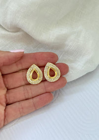 Elegant Bridal Jewelry Gold Filled Stud Earring Crystal Teardrop Design Sparkly Rhinestone Border CZ Stone Construction Three Dimensional Wavy Shape Perfect Wedding Day Wear Bride Gift Bridesmaid Present Anniversary Celebration Accessory