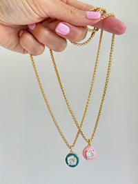 Layering Piece Jewelry Collection Gold Filled Franco Chain Necklace Statement Accessory Everyday Wear Design Large CZ Stone Pendant Enamel Border Detail Women Gift Birthday Present Versatile Style Classic Elegance Lobster Clasp Closure