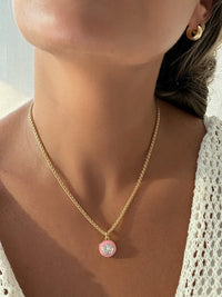 Everyday Wear Gold Filled Necklace Franco Chain Design Statement Accessory Women Jewelry Large CZ Stone Pendant Enamel Border Detail Layering Piece Gift Ready Birthday Present Bridesmaid Gift Lobster Clasp Closure Quality Construction