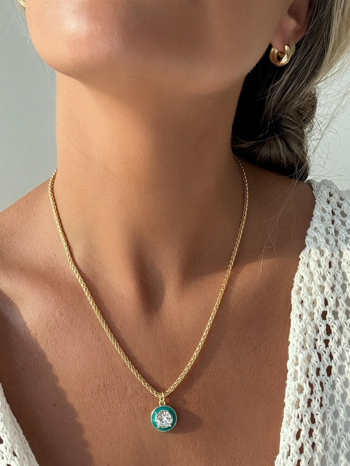 Everyday Wear Gold Filled Necklace Franco Chain Design Statement Accessory Women Jewelry Large CZ Stone Pendant Enamel Border Detail Layering Piece Gift Ready Birthday Present Bridesmaid Gift Lobster Clasp Closure Quality Construction