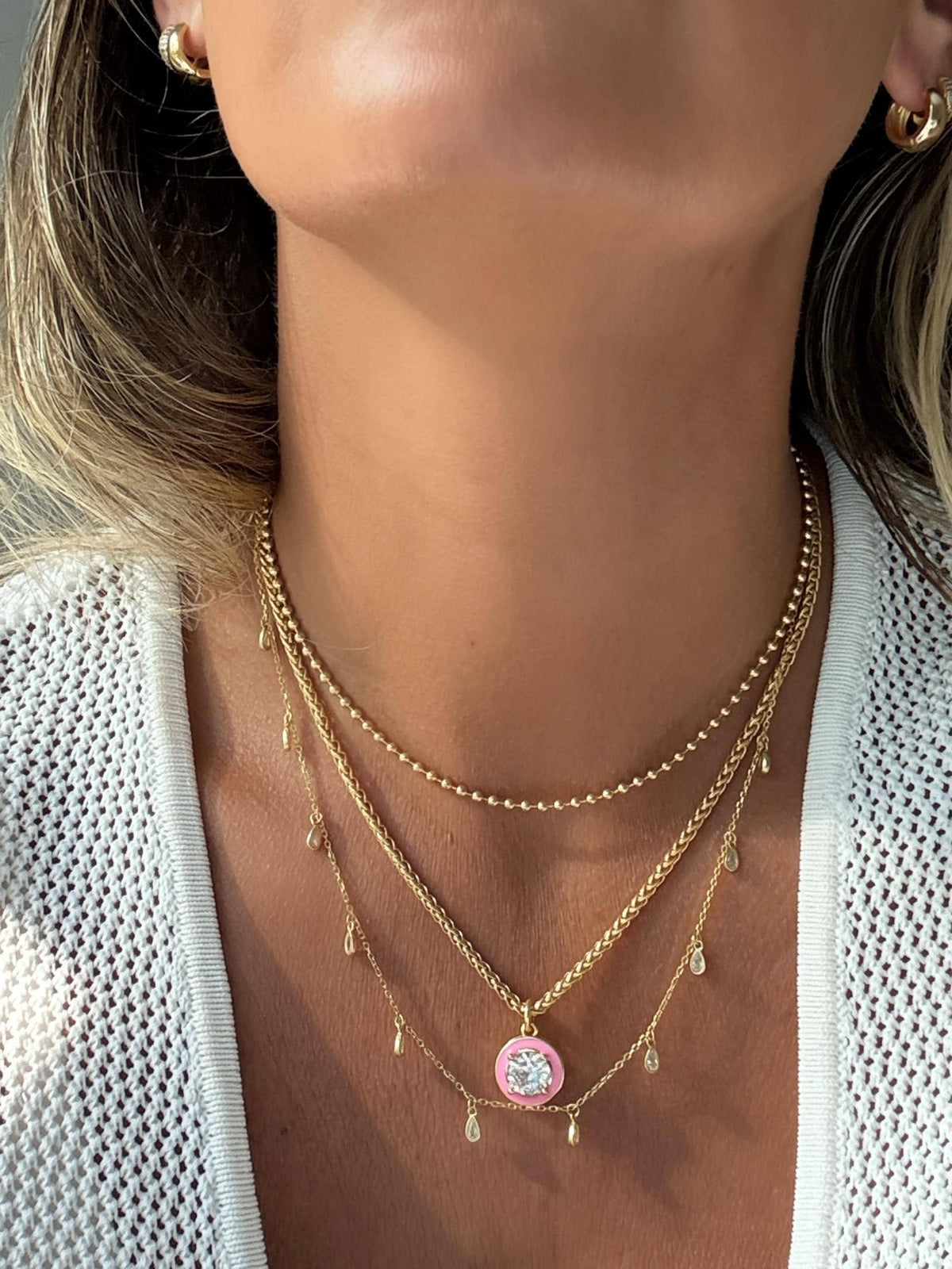 Everyday Wear Gold Filled Necklace Franco Chain Design Statement Accessory Women Jewelry Large CZ Stone Pendant Enamel Border Detail Layering Piece Gift Ready Birthday Present Bridesmaid Gift Lobster Clasp Closure Quality Construction