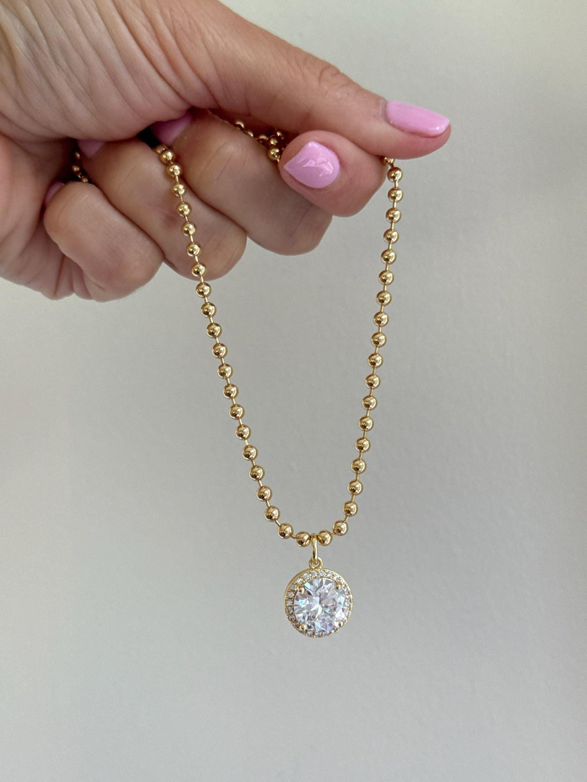 Ball Chain Necklace with Round Diamond Halo Pendant