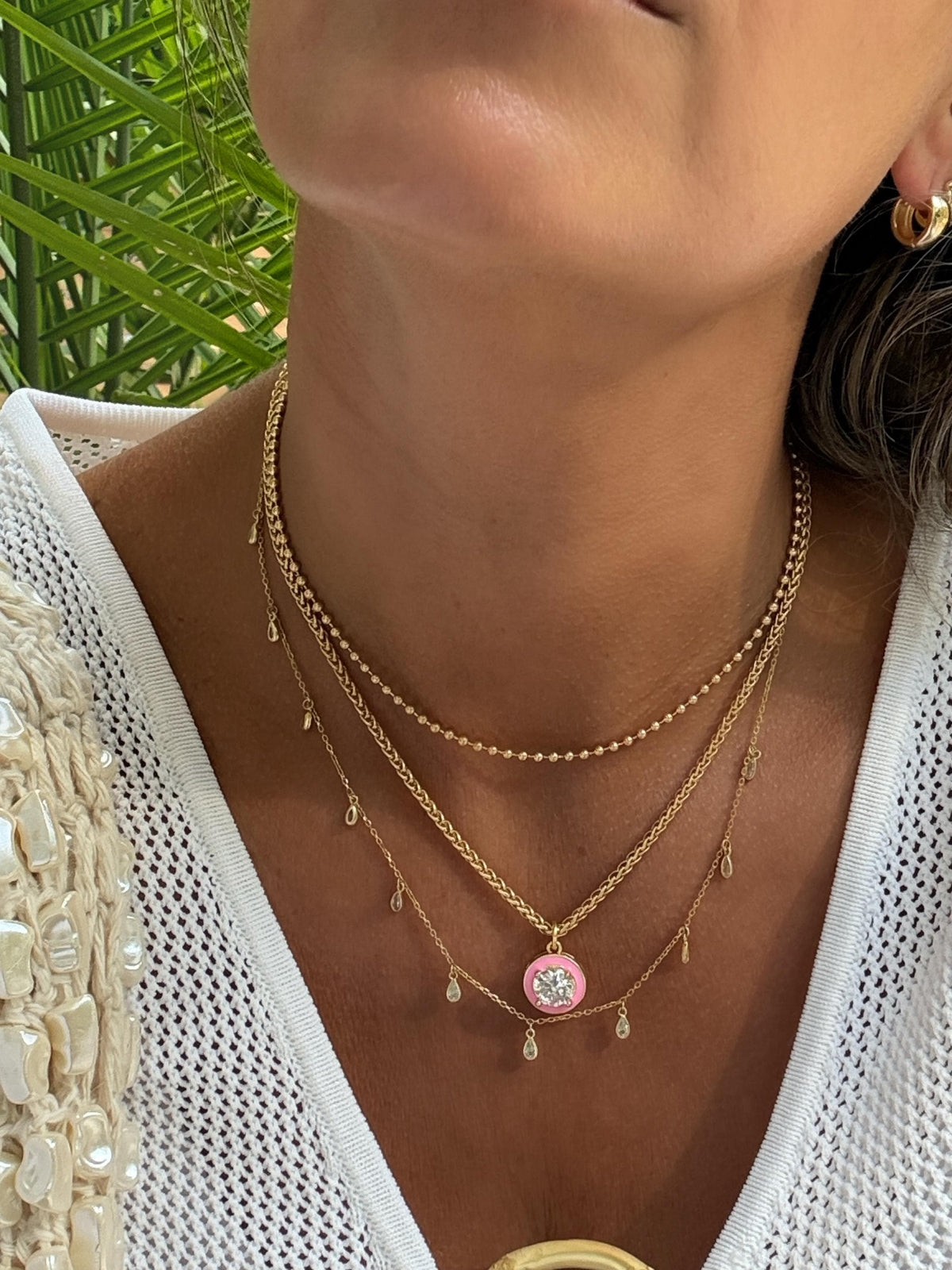 Everyday Wear Gold Filled Necklace Franco Chain Design Statement Accessory Women Jewelry Large CZ Stone Pendant Enamel Border Detail Layering Piece Gift Ready Birthday Present Bridesmaid Gift Lobster Clasp Closure Quality Construction