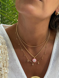 Everyday Wear Gold Filled Necklace Franco Chain Design Statement Accessory Women Jewelry Large CZ Stone Pendant Enamel Border Detail Layering Piece Gift Ready Birthday Present Bridesmaid Gift Lobster Clasp Closure Quality Construction