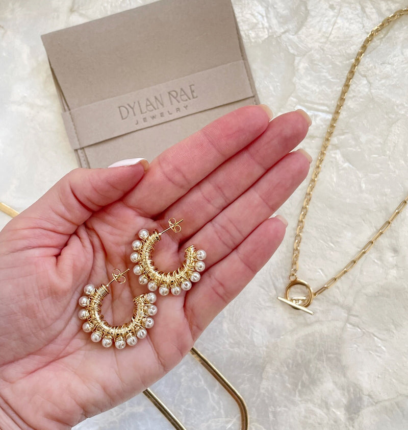 Pearl Wrapped Hoops earrings by Dylan Rae Jewelry, showcasing timeless elegance and modern chic design.